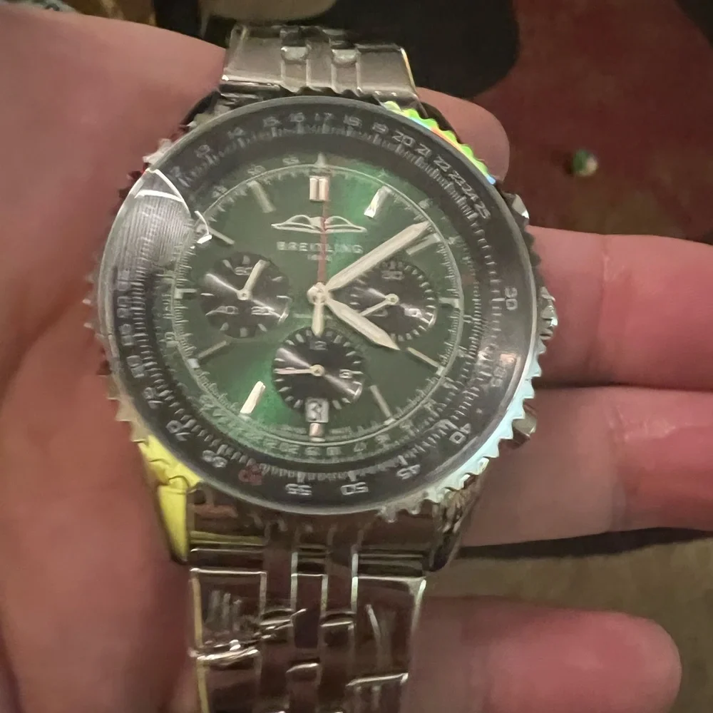 New Breitling Silver and Green Chronograph Stainless Steel Watch - Picture 2 of 4